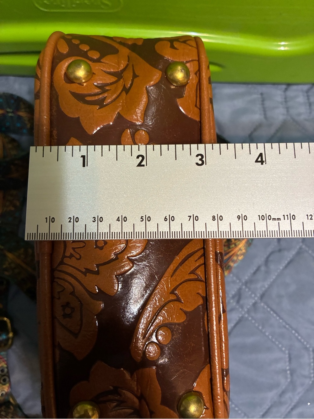 Artisan Tooled Leather Crossbody Bag with Patterned Strap - Brown - Picture 6 of 8